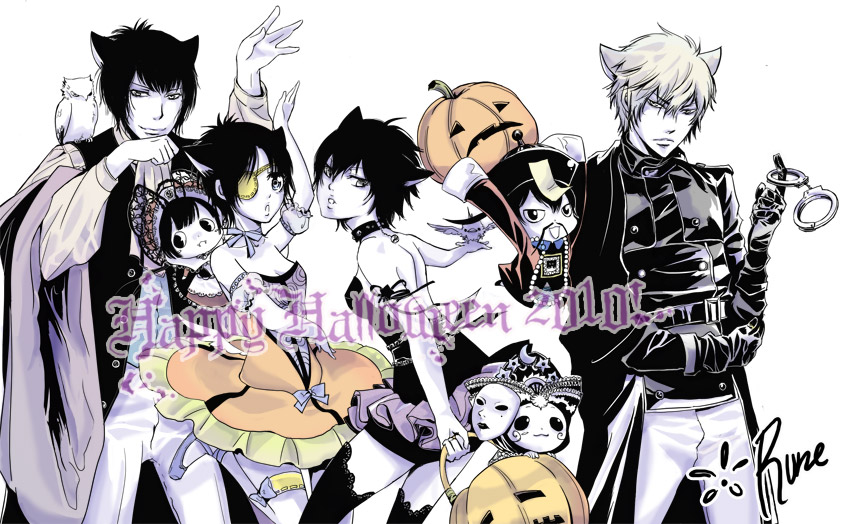 3girls breasts chrome_dokuro cleavage commentary_request dress genderswap genderswap_(mtf) halloween hibari_kyouya hibird high_contrast katekyo_hitman_reborn! multiple_boys multiple_girls pumpkin reborn rokudou_mukuro runesque short_hair