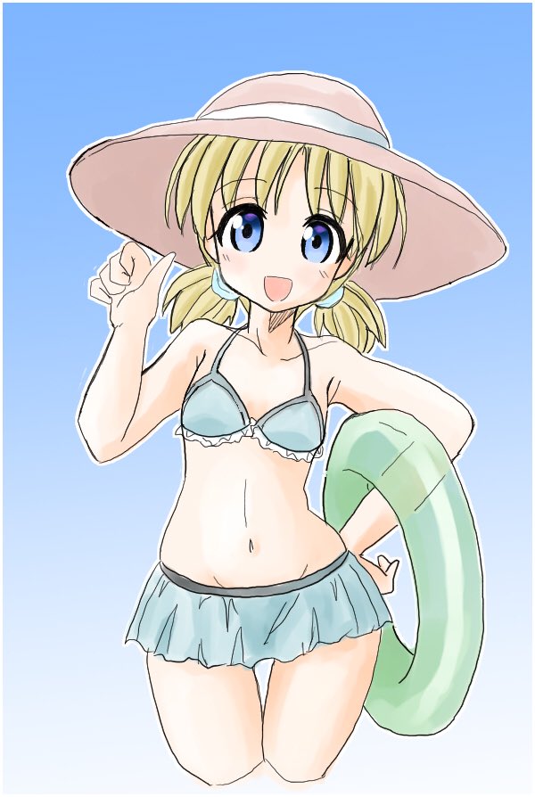 aki_(girls_und_panzer) alternate_eye_color alternate_hair_color bangs bikini bikini_skirt blonde_hair blue_background blue_eyes breasts commentary_request cowboy_shot cropped_legs ehime_mikan eyebrows_visible_through_hair frilled_bikini frills girls_und_panzer gradient gradient_background green_bikini hand_on_hip holding holding_innertube innertube looking_at_viewer navel open_mouth scrunchie short_hair short_twintails small_breasts smile solo standing swimsuit thigh_gap thumbs_up twintails