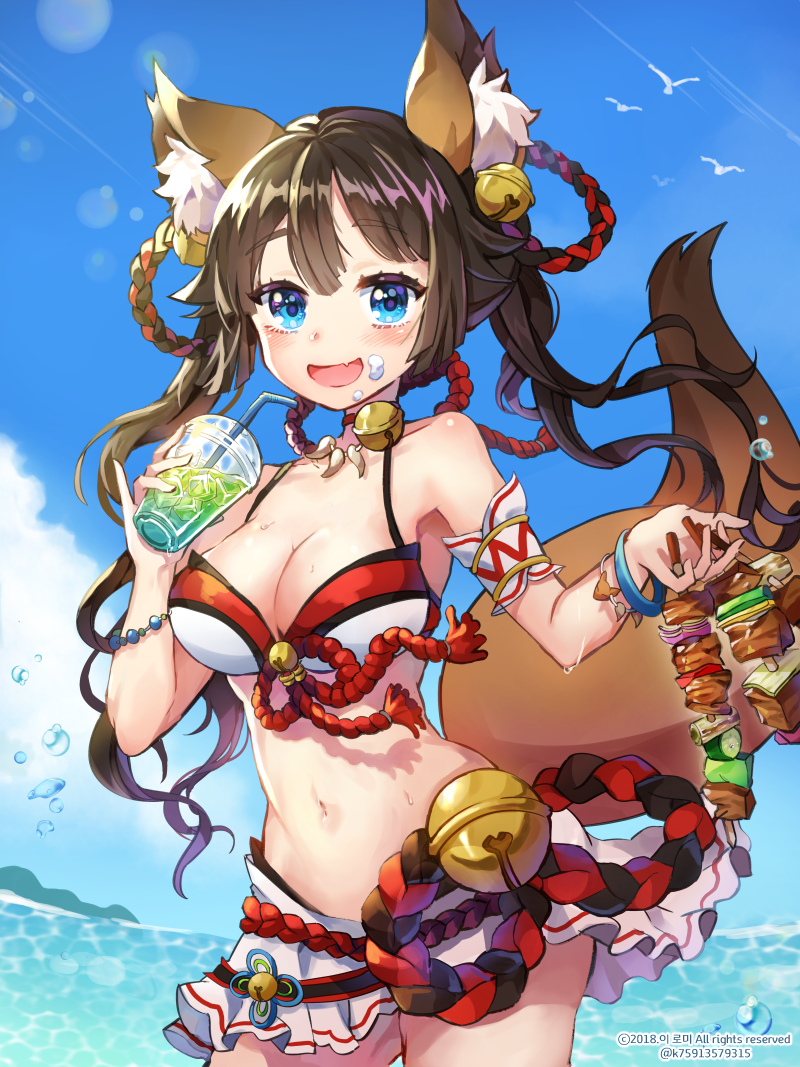 animal_ears armband bare_shoulders bead_bracelet beads bell bell_collar bikini bikini_skirt bird blue_eyes blush bracelet breasts brown_hair bubble cleavage collar commentary cup day drinking_straw eyebrows_visible_through_hair fang food food_on_face fox_ears fox_girl fox_tail hair_bell hair_ornament holding holding_cup holding_food jewelry jingle_bell lerome looking_at_viewer ocean open_mouth original outdoors rope seagull seashell_bracelet seashell_necklace shimenawa skirt sky smile solo stomach summer swimsuit tail twintails water wet white_skirt yakitori