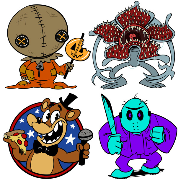 beapeabear blue_skin brown_fur button_(fastener) candy demogorgon drooling five_nights_at_freddy's food freddy_(fnaf) friday_the_13th fur grey_skin hat jason_voorhees lollipop male mammal mask monster multiple_teeth open_mouth pizza saliva sam_(trick_'r_treat) star stranger_things trick_'r_treat ursid video_games