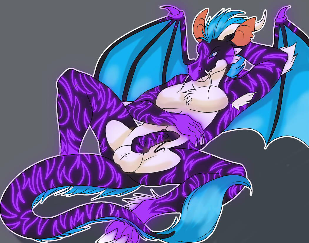 anthro armpit_hair balls barbels bioluminescence blerbles_(artist) claws cock_barbels dragon eastern erection fur glowing hand_behind_head horn hybrid knot male markings monahven_(character) penis purple_fur reclining teeth tribal_markings unusual_penis western wings