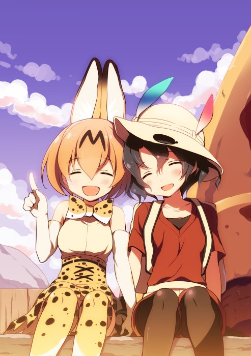 animal_ears backpack bag bangs black_legwear blonde_hair blue_sky closed_eyes cloud cloudy_sky commentary_request day facing_viewer hat hat_feather helmet high-waist_skirt holding_hands kaban_(kemono_friends) kemono_friends multiple_girls odawara_hakone open_mouth outdoors pantyhose pantyhose_under_shorts pith_helmet pointing print_legwear print_neckwear print_skirt red_shirt serval_(kemono_friends) serval_ears shirt short_hair short_sleeves shorts side-by-side sitting skirt sky sleeveless sleeveless_shirt smile thighhighs white_hat white_shirt yellow_legwear yellow_neckwear yellow_skirt