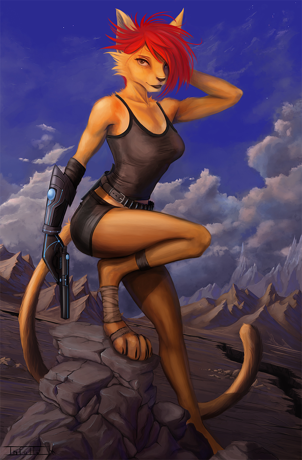 4_toes ankle_wraps anthro barefoot belt biped black_lips breasts brown_eyes clothing detailed_background digitigrade eyebrows eyelashes feline female fingers fur gun hair hand_on_head handgun hi_res holding_object holding_weapon infalle_(artist) lion long_tail looking_at_viewer mammal pistol pose raised_leg ranged_weapon red_hair shirt shorts sky smile solo standing tan_fur tank_top toes weapon yellow_fur yellow_tail