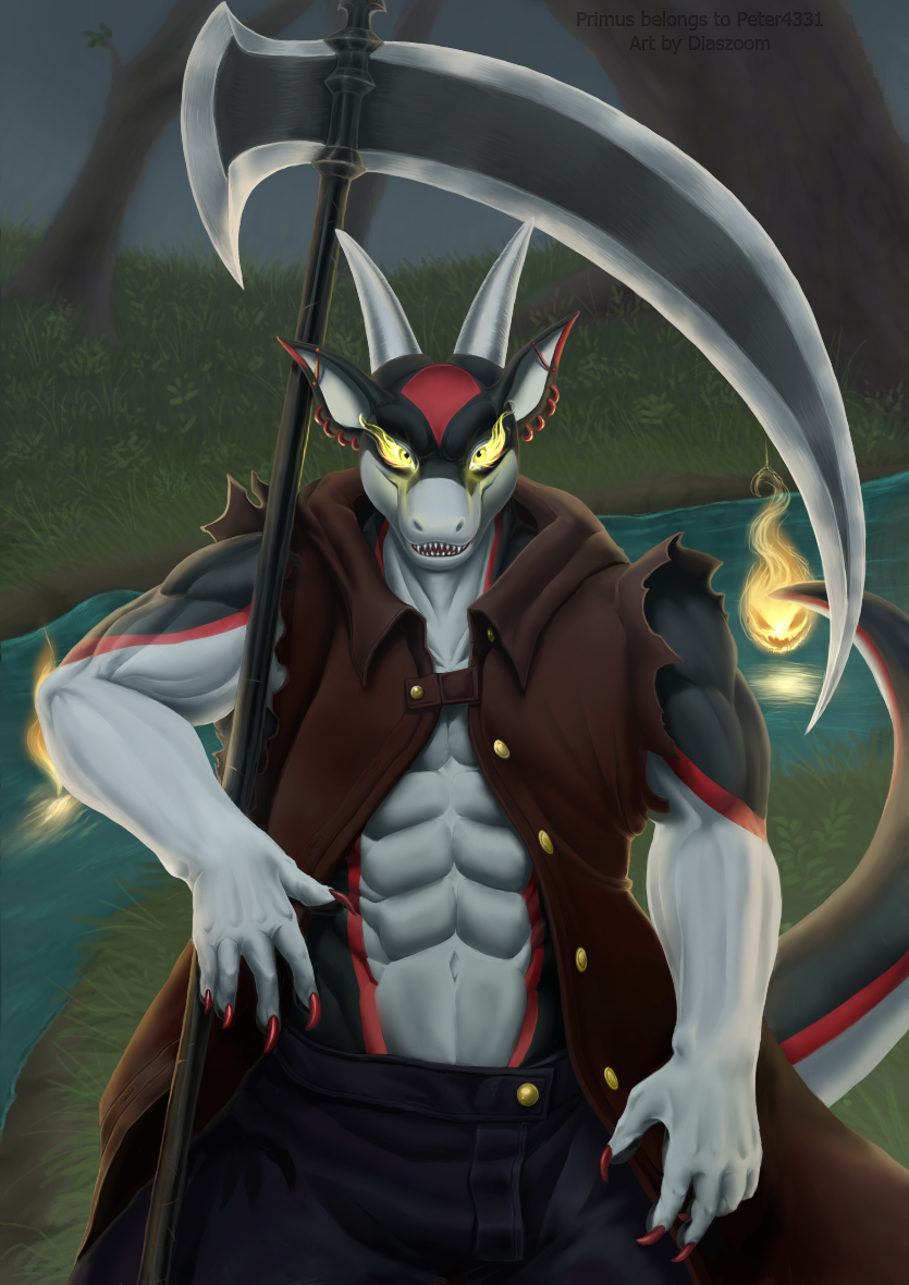 abs cloak clothing dark diaszoom dragon fire forbidden forest grin halloween haunted holidays melee_weapon muscular piercing polearm primus river scythe smile tree weapon