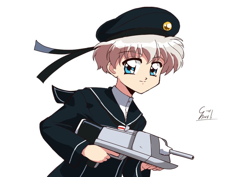 90s black_dress black_hat blue_eyes cannon choroli_(chorolin) clothes_writing dress hat kantai_collection looking_at_viewer parody sailor_dress sailor_hat short_hair signature silver_hair simple_background smile solo style_parody turret upper_body white_background z1_leberecht_maass_(kantai_collection)