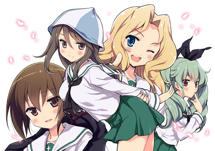 alternate_costume anchovy arm_support arms_behind_back bangs black_neckwear black_ribbon blonde_hair blouse blue_eyes blue_hat blush brown_eyes brown_hair closed_mouth commentary_request drill_hair eyebrows_visible_through_hair finger_to_mouth girls_und_panzer green_hair green_skirt hair_intakes hair_ribbon hat kay_(girls_und_panzer) leaning_forward light_particles long_hair long_sleeves looking_at_viewer mika_(girls_und_panzer) miniskirt multiple_girls neckerchief nishizumi_maho odawara_hakone one_eye_closed ooarai_school_uniform pleated_skirt red_eyes ribbon school_uniform serafuku short_hair skirt smile standing thumbs_up trait_connection twin_drills twintails white_blouse