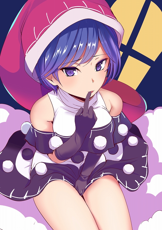 amisu black_gloves blue_eyes blue_hair blush breasts cloud commentary_request doremy_sweet gloves hand_to_own_mouth hat large_breasts nightcap pom_pom_(clothes) short_hair smile smug solo touhou