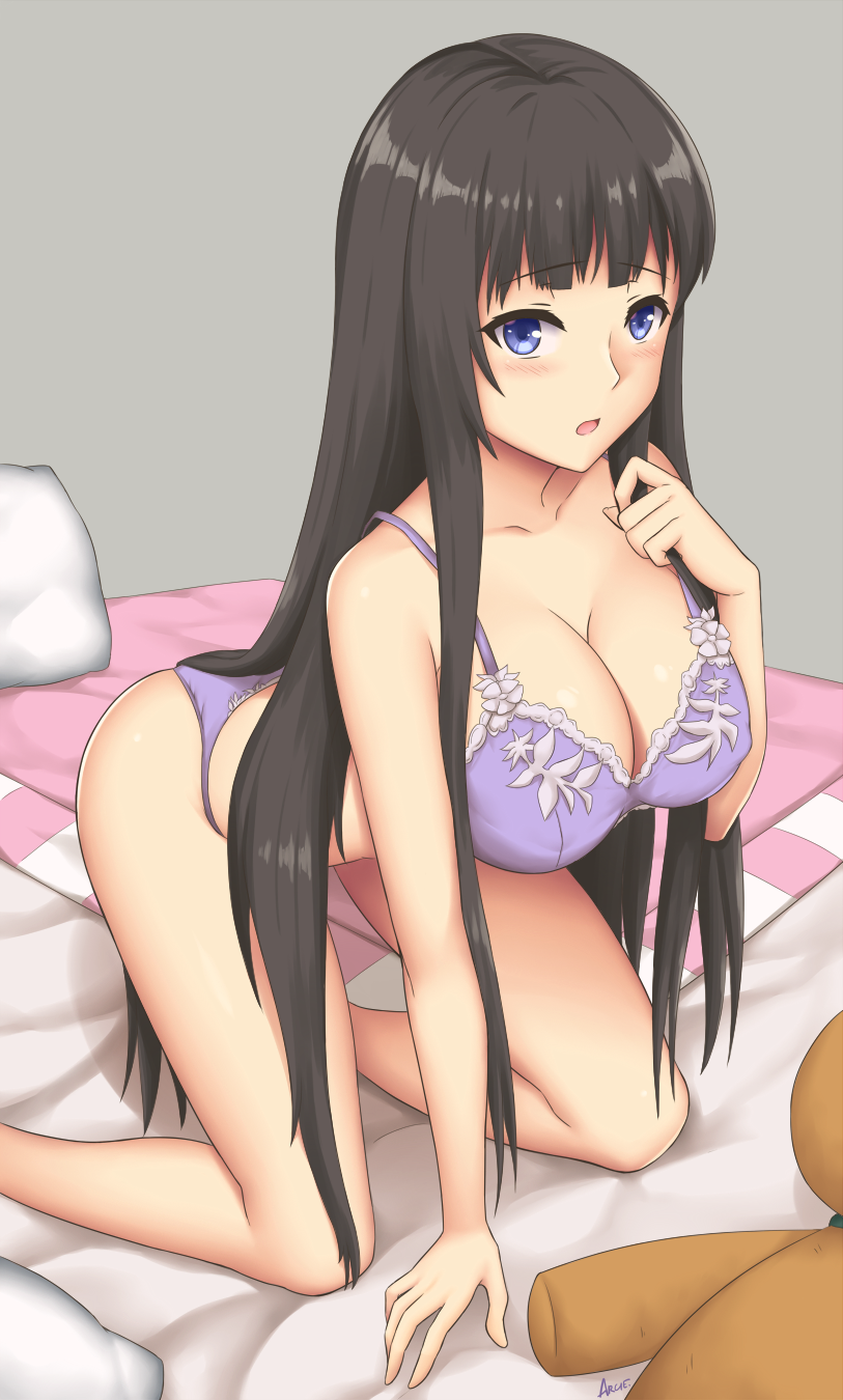 all_fours arciealbano bangs black_hair blanket blue_eyes blush breasts cleavage commentary_request highres kami-sama_no_memo-chou large_breasts lavender_bra lavender_panties long_hair older open_mouth pillow shionji_yuuko signature simple_background straight_hair stuffed_animal stuffed_toy teddy_bear very_long_hair