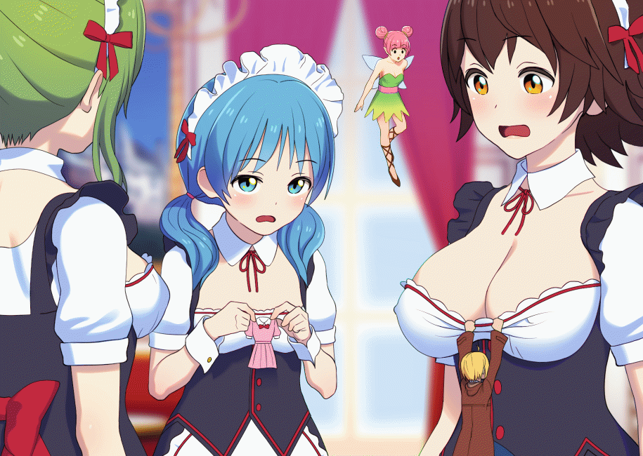 1boy 4girls animated animated_gif blonde_hair blue_eyes blue_hair blush bouncing_breasts breasts brown_hair cleavage dress erect_nipples fairy giantess green_hair jacket large_breasts low_twintails maid maid_headdress multiple_girls nipples nwahasu open_mouth orange_eyes shirt_pull small_breasts surprised twintails wide-eyed