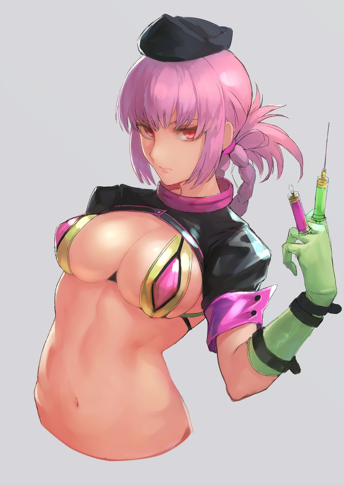 arm_at_side bangs between_fingers bikini bikini_under_clothes black_hat blunt_bangs braid breasts cleavage closed_mouth cropped_torso fate/grand_order fate_(series) florence_nightingale_(fate/grand_order) gloves green_bikini green_gloves grey_background hand_up hat highres holding holding_syringe large_breasts latex latex_gloves long_hair looking_at_viewer navel nurse_cap otsukemono pink_eyes pink_hair purple_bikini purple_ribbon revealing_clothes ribbon shiny shiny_skin short_sleeves shrug_(clothing) sidelocks simple_background single_braid skirt solo standing stomach swimsuit syringe trick_or_treatment