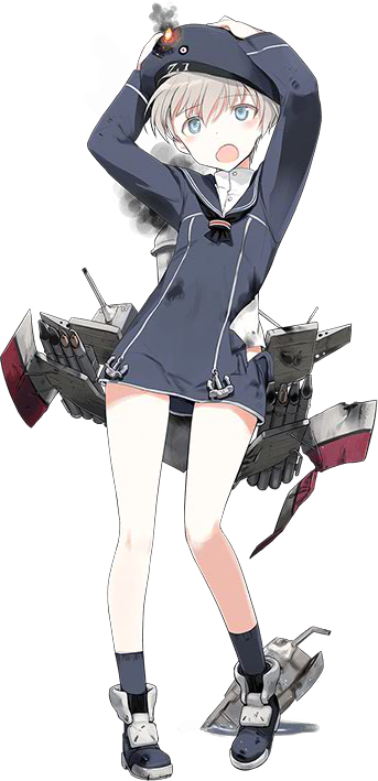 ankle_boots arms_up bare_legs blue_eyes boots burning burning_clothes clothes_writing damaged dress full_body grey_hair hands_on_headwear hat kantai_collection legs looking_at_viewer microdress official_art open_mouth sailor_collar sailor_dress sailor_hat shimada_fumikane short_hair standing torn_clothes torpedo_launcher transparent_background weapon z1_leberecht_maass_(kantai_collection)