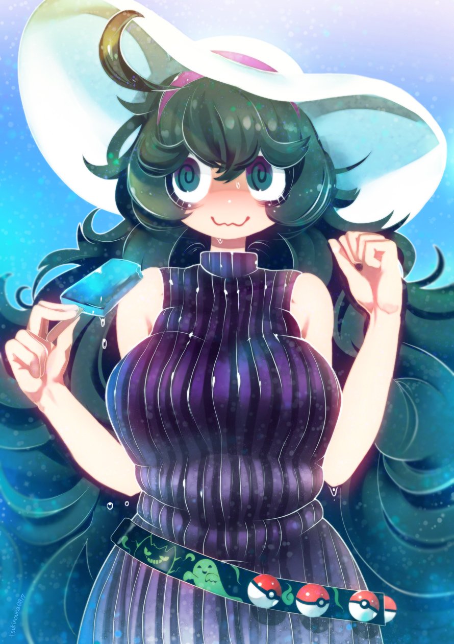 1girl @_@ adapted_costume ahoge al_bhed_eyes artist_name bangs bare_shoulders belt blue_background blush breasts closed_mouth creatures_(company) dress female food game_freak gen_1_pokemon gengar hair_between_eyes hairband hakkasame hands_up hat hex_maniac_(pokemon) highres holding large_breasts long_hair looking_to_the_side messy_hair nintendo nose_blush npc_trainer poke_ball poke_ball_(generic) pokemon pokemon_(game) pokemon_xy popsicle purple_dress purple_eyes purple_hairband shiny shiny_hair signature simple_background sleeveless sleeveless_dress smile solo sun_hat twitter_username very_long_hair white_hat