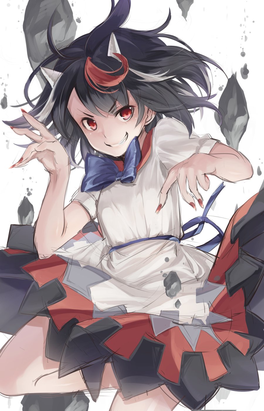 &gt;:) bangs black_hair blue_bow blue_sash bow commentary_request cowboy_shot dress eyebrows_visible_through_hair fingernails grin hand_up highres horns kijin_seija leg_up looking_at_viewer multicolored_hair nail_polish puffy_short_sleeves puffy_sleeves red_eyes red_hair red_nails red_sailor_collar sailor_collar sash sharp_fingernails short_hair short_sleeves simple_background smile solo streaked_hair touhou usotsuki_penta v-shaped_eyebrows white_background white_dress white_hair
