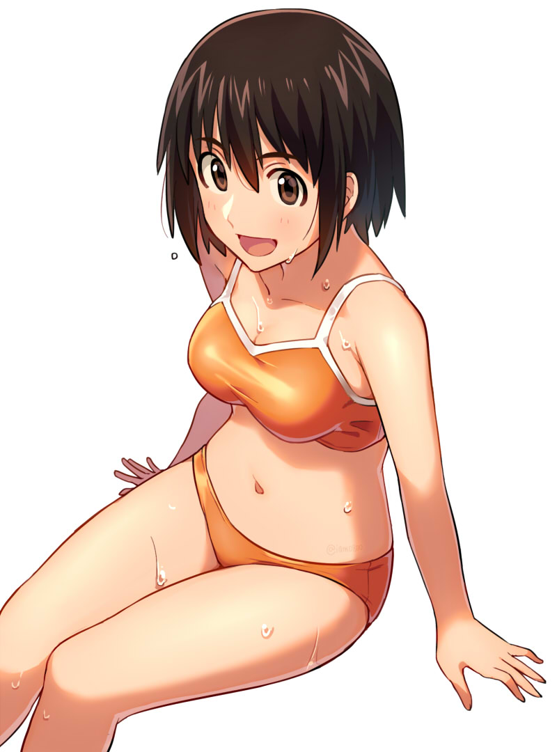 :d arm_support arms_at_sides ayase_fuuka bangs bare_arms bikini breasts brown_eyes brown_hair collarbone commentary_request eyebrows eyebrows_visible_through_hair hair_between_eyes medium_breasts navel open_mouth orange_bikini sayshownen short_hair simple_background sitting smile solo swimsuit wet white_background yotsubato!