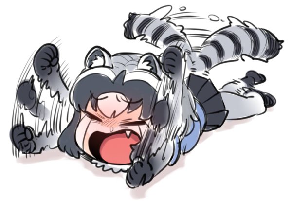 animal_humanoid black_hair blush bow_tie clothed clothing common_raccoon_(kemono_friends) crying evening_gloves eyes_closed fangs female footwear gloves grey_hair hair humanoid kemono_friends legwear lying mammal multicolored_hair on_front open_mouth raccoon_humanoid shirt shoes short_hair skirt solo space_jin striped_tail stripes tantrum tears tights tongue white_hair