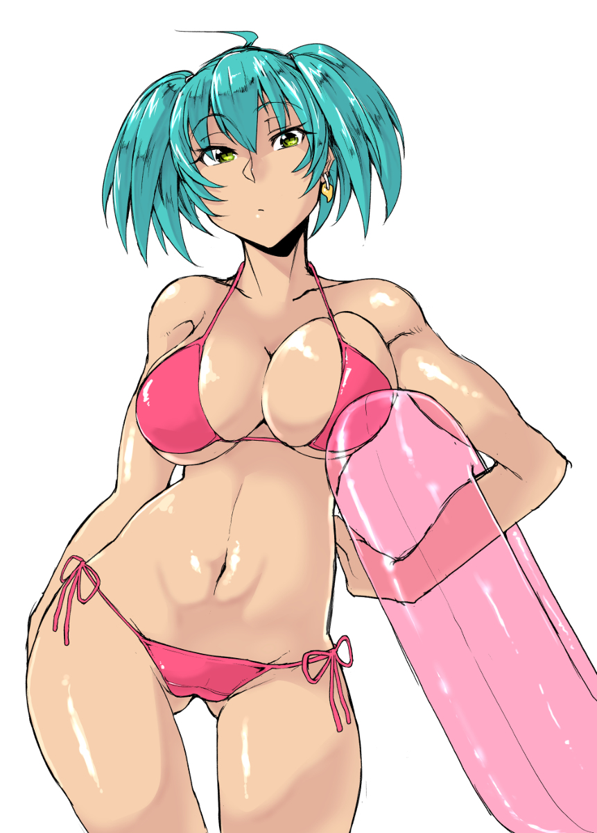 1girl bikini breasts earring female green_hair haiboku ikkitousen innertube large_breasts red_bikini ryofu_housen side-tie_bikini solo swimsuit