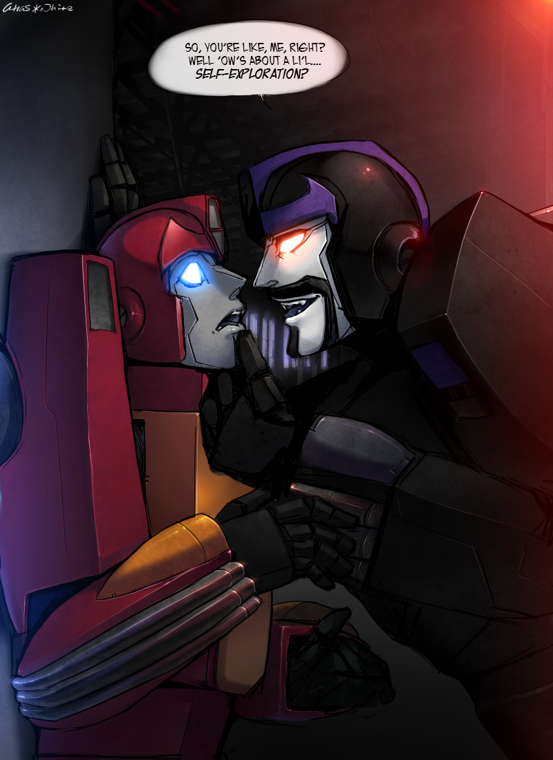 2014 alien atlas-white autobot blue_eyes cybertronian dialogue digital_drawing_(artwork) digital_media_(artwork) duo english_text facial_hair fangs frown goatee hot_rod humanoid living_machine machine male mustache not_furry open_mouth red_eyes robot rodimus selfcest shattered_glass signature simple_background smile speech_bubble square_crossover standing teeth text tongue transformers