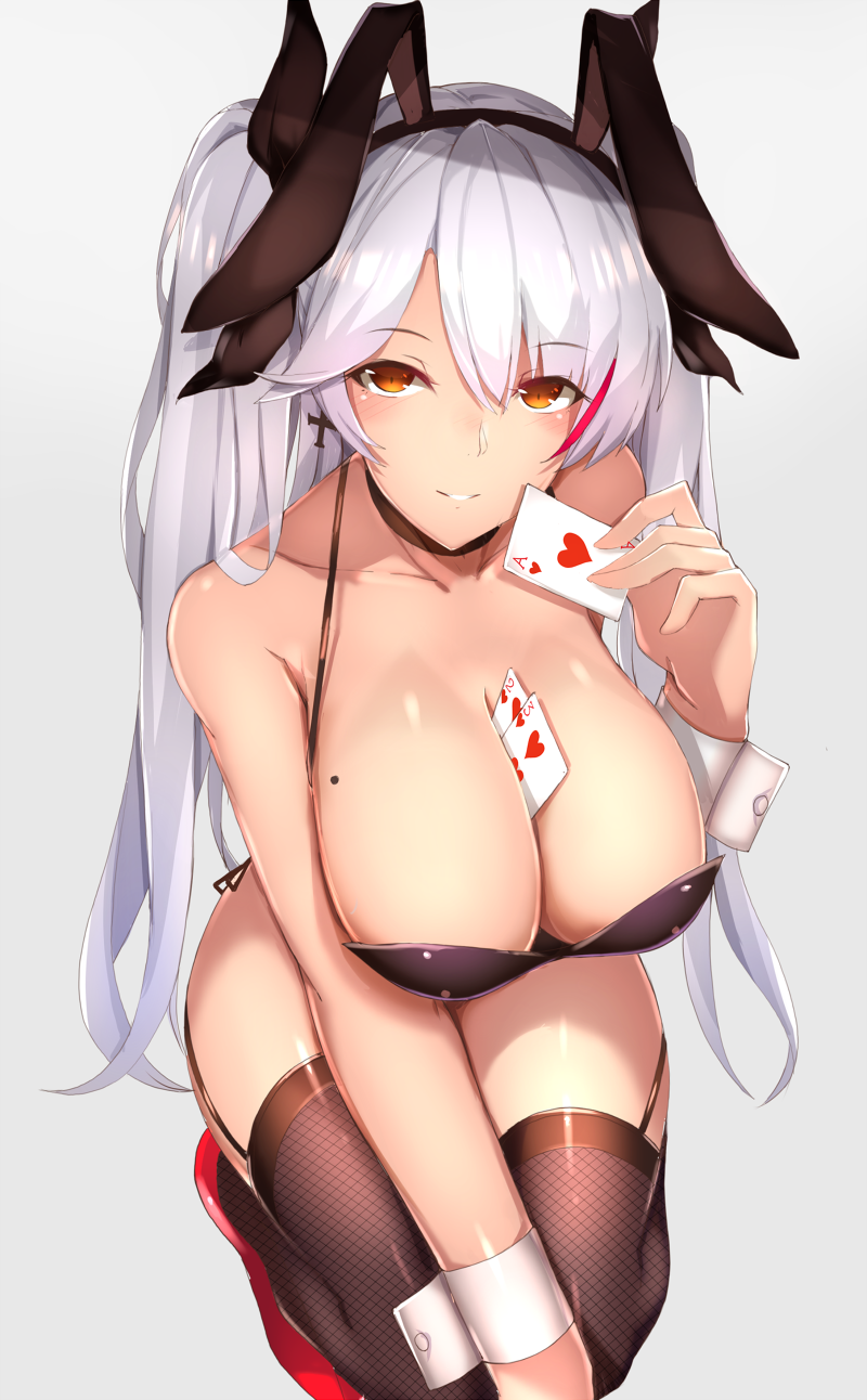 ace_of_hearts animal_ears antenna_hair azur_lane bangs between_breasts black_legwear black_leotard blush breasts brown_eyes bunny_ears bunnysuit card choker cleavage collarbone commentary cross cross_earrings earrings eyebrows_visible_through_hair fake_animal_ears grey_background hair_between_eyes hairband high_heels highres holding holding_card iron_cross jewelry large_breasts leotard long_hair looking_at_viewer mole mole_on_breast multicolored_hair parted_lips prinz_eugen_(azur_lane) red_footwear red_hair ribbon saisarisu sidelocks silver_hair simple_background smile solo squatting streaked_hair thighhighs thighs two_side_up very_long_hair