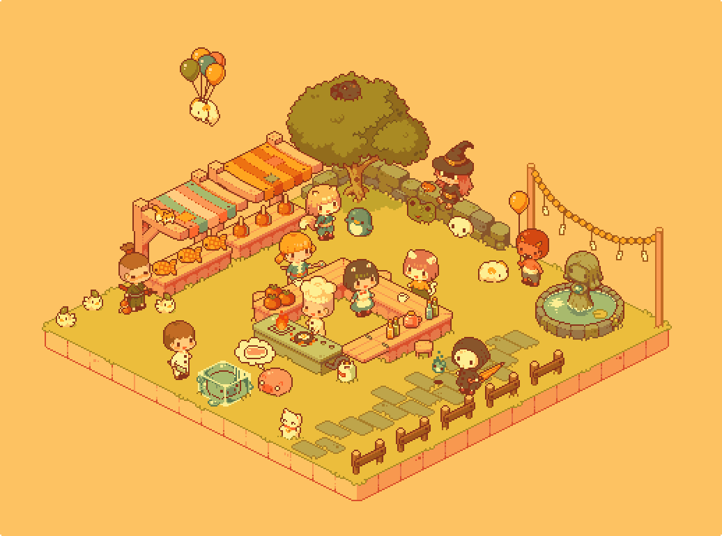 5boys animal_ears balloon bird bottle cat chef chef_hat chef_uniform chibi chicken commentary day evening fence festival floating food grass hat hitodama ice_block jar jmw327 multiple_boys multiple_girls oni oni_horns orange_background original outdoors penguin pixel_art pond ronin scenery sheep skull stall statue stone_wall table tail thought_bubble tree umbrella wall witch witch_hat