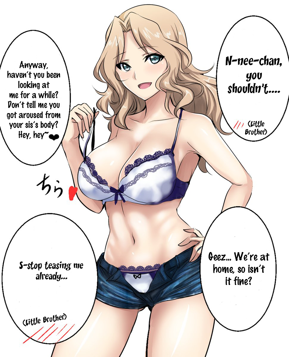 1girl adjusting_bra adjusting_clothes blonde_hair blue_eyes bow bow_bra bow_panties bra breasts casual cleavage cowboy_shot denim denim_shorts girls_und_panzer hand_on_hip highres kay_(girls_und_panzer) koujun_(mugenzero) lace lace-trimmed_bra lace-trimmed_panties large_breasts long_hair looking_at_viewer navel no_shirt panties parted_lips short_shorts shorts simple_background smile solo spoken_blush standing strap_pull strap_slip translated underwear unzipped white_background