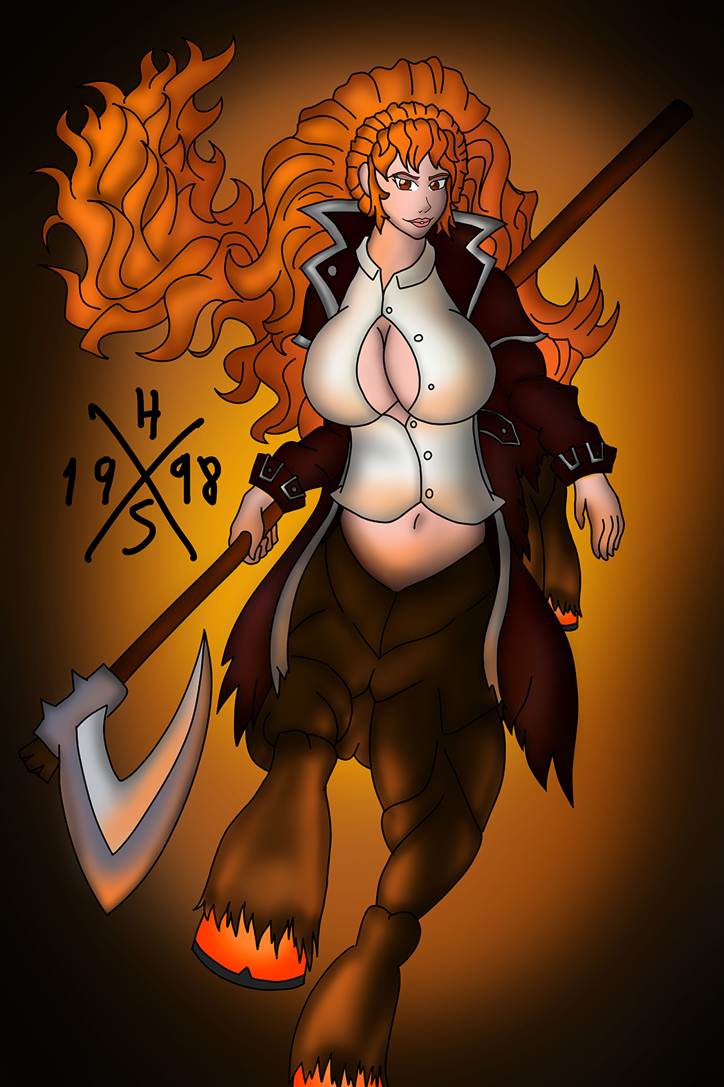 big_breasts bottomless breasts centaur cleavage_cutout clothed clothing digital_media_(artwork) equine equine_taur female front_view full-length_portrait h&oacute;rus1998 hecarim holding_object holding_weapon jacket mammal pinup portrait pose shirt solo taur weapon