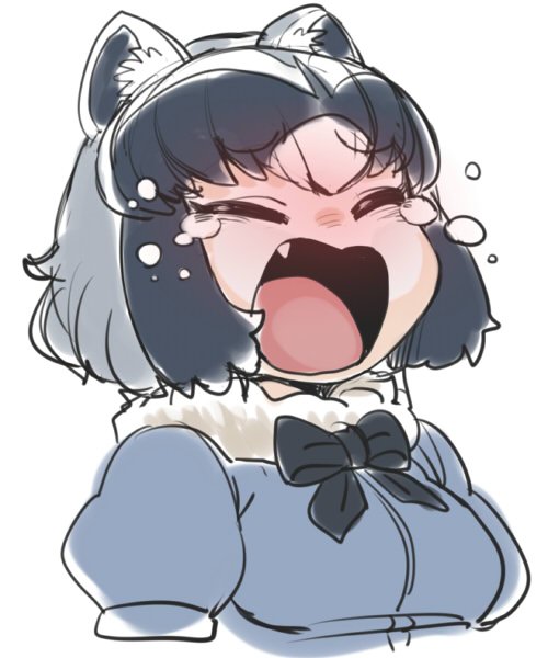 animal_humanoid black_hair blush bow_tie clothed clothing common_raccoon_(kemono_friends) crying eyes_closed fangs female grey_hair hair humanoid kemono_friends mammal multicolored_hair open_mouth raccoon_humanoid shirt short_hair solo space_jin tears tongue