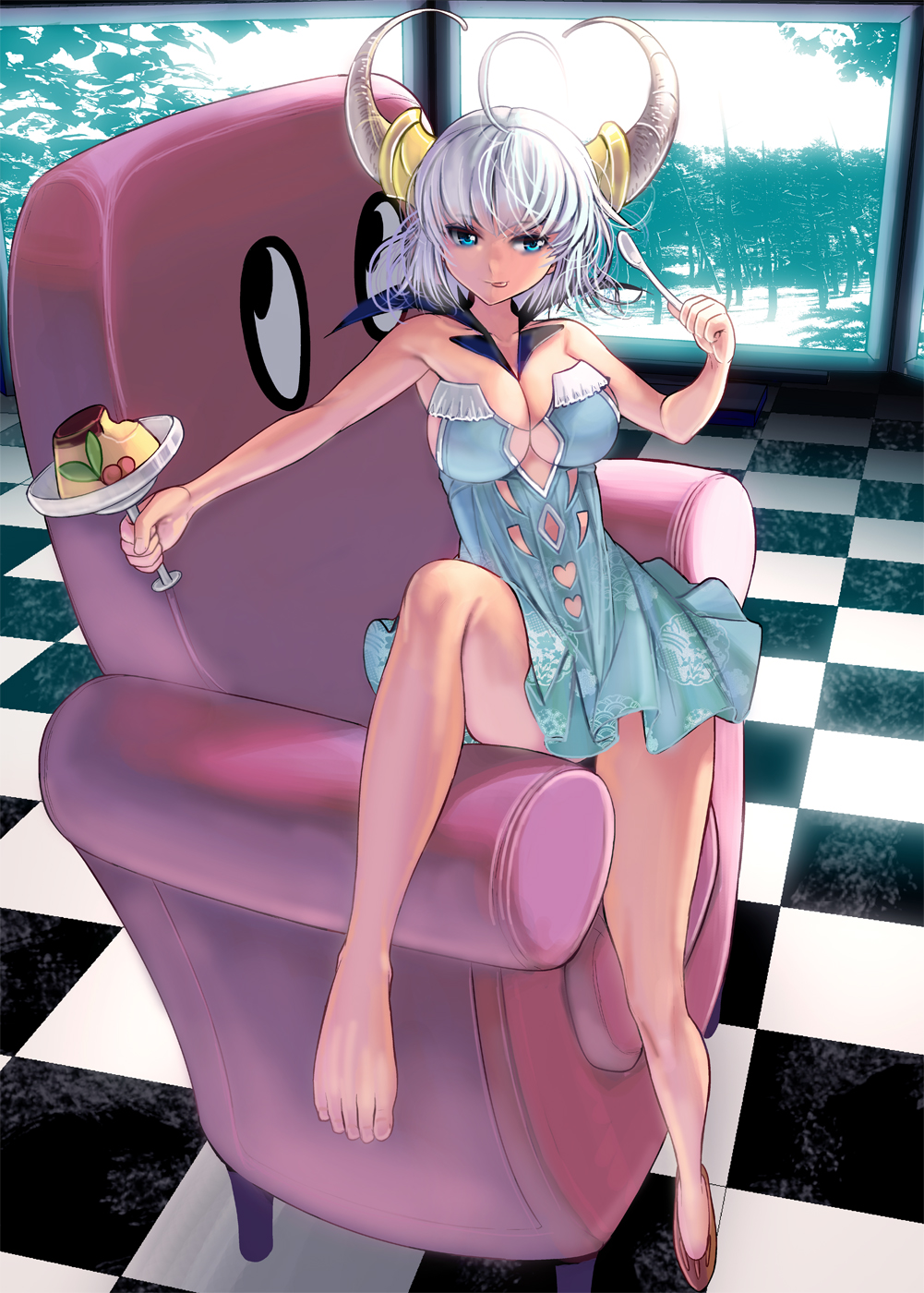 :p ahoge armchair blue_eyes breasts chair cleavage commentary_request detached_collar dress food highres horns large_breasts masao original pudding short_hair silver_hair sitting sleeveless sleeveless_dress smile solo spoon tongue tongue_out