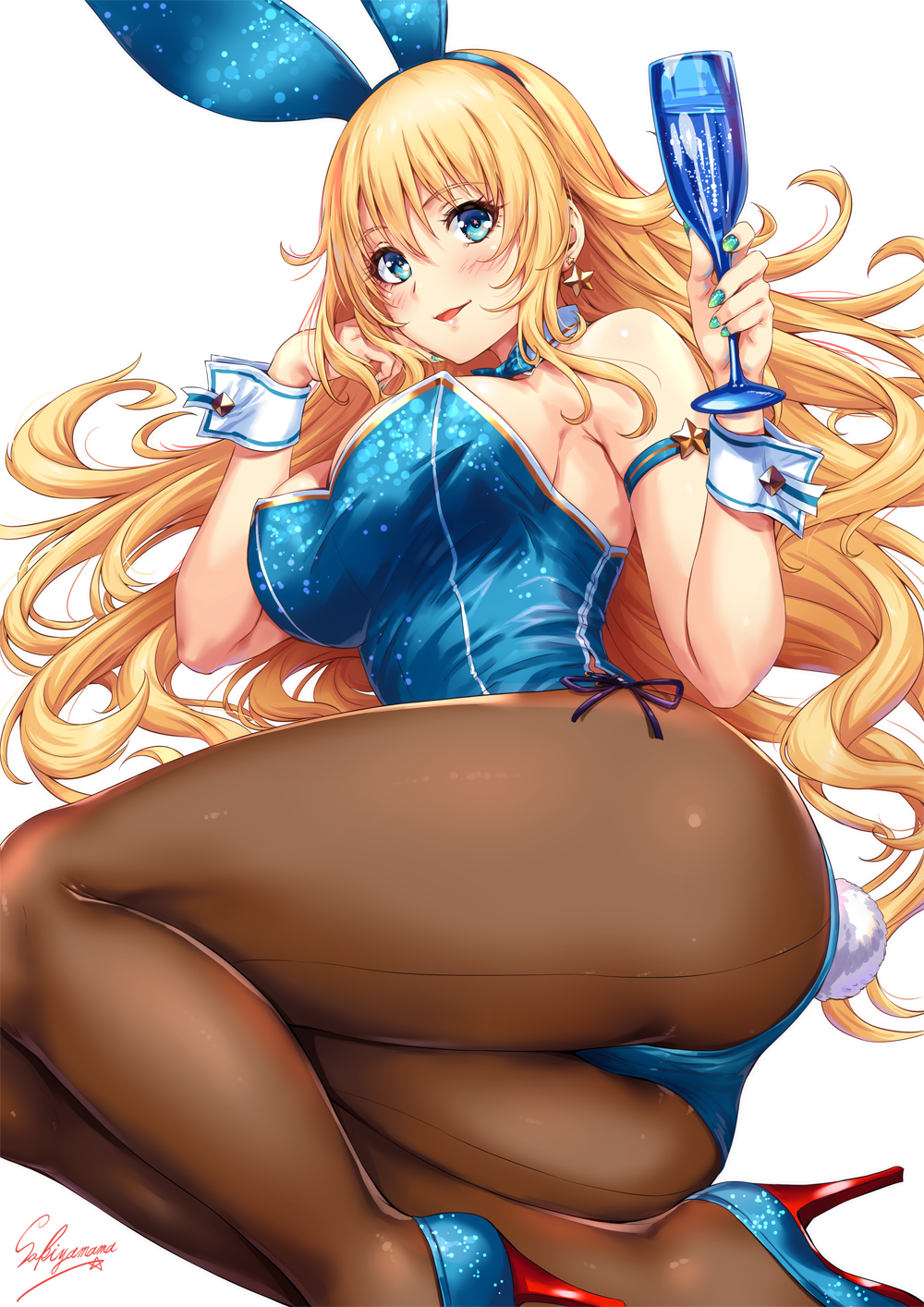 adapted_costume animal_ears artist_name ass atago_(kantai_collection) back-seamed_legwear blonde_hair blue_eyes blue_footwear blue_leotard blush breasts bunny_tail bunnysuit commentary_request cup detached_collar drinking_glass earrings fake_animal_ears fake_tail hand_on_own_cheek high_heels highres indoors jewelry kantai_collection large_breasts leotard long_hair looking_at_viewer lying nail_art on_side pantyhose parted_lips purple_background sakiyamama seamed_legwear sideboob signature simple_background smile solo sparkle star star_earrings tail thick_thighs thighs toast_(gesture) white_background wine_glass wrist_cuffs