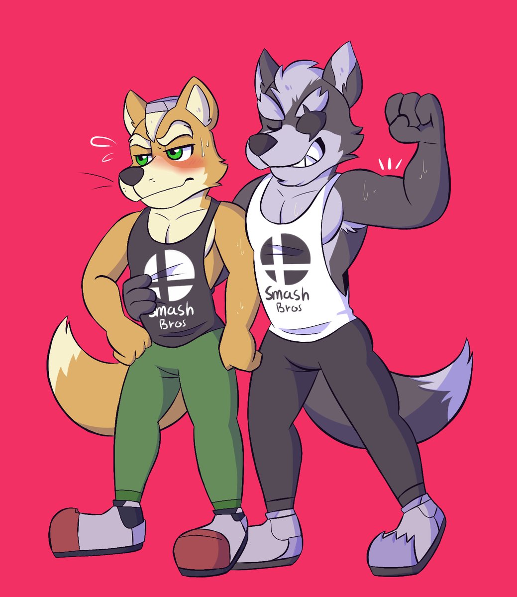 anthro armpit_hair blush canine clothed clothing duo embrace flexing fox fox_mccloud fully_clothed grin male male/male mammal muscular muscular_male nintendo pose shirt smile star_fox sweat tank_top touyakemone video_games wolf wolf_o'donnell