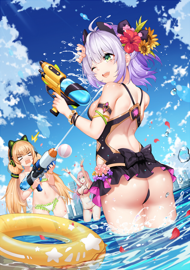:d ;d antenna_hair aqua_eyes arm_strap armpits arms_up ass axent_wear back ball bangs bare_shoulders beachball bikini black_bow black_swimsuit blonde_hair blue_sky blush bow bracelet breasts casual_one-piece_swimsuit cat_ear_headphones character_request cityscape cloud commentary_request copyright_request day dutch_angle eyebrows_visible_through_hair facial_mark firing flower frilled_bikini frills green_bikini green_eyes grey_hair hair_flower hair_ornament headphones hibiscus innertube jewelry large_breasts leaf_hair_ornament long_hair low-tied_long_hair medium_breasts multiple_girls navel one-piece_swimsuit one_eye_closed open_mouth outdoors petals pink_bikini pink_flower pink_hair playing pool rectangular_mouth red_flower short_hair side-tie_bikini sideboob sky smile splashing stomach sunflower_hair_ornament swimsuit thighhighs tossing upper_teeth v-shaped_eyebrows very_long_hair wading water_gun white_legwear wristband yeluno_meng