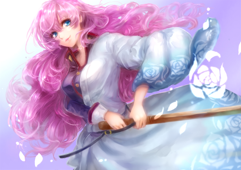 aiguillette blue_eyes breasts closed_mouth commentary_request flower gold_trim hair_spread_out high_collar holding holding_sword holding_weapon large_breasts lips long_hair long_sleeves looking_at_viewer nose pink_hair realistic rose sheath shoujo_kakumei_utena solo sword tenjou_utena tsukigime_(fool_ehle) unsheathing very_long_hair weapon