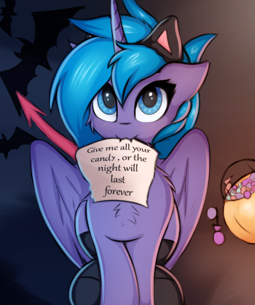 2018 candy costume english_text equine feathered_wings feathers female feral food friendship_is_magic hair halloween holidays horn looking_at_viewer mammal my_little_pony princess_luna_(mlp) solo text twiren winged_unicorn wings