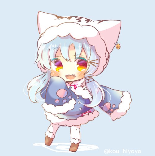 :d animal_ears animal_hood azur_lane bangs blue_background blue_dress blue_hair blush brown_footwear capelet chang_chun_(azur_lane) chibi commentary_request dress eyebrows_visible_through_hair full_body fur-trimmed_boots fur-trimmed_capelet fur-trimmed_dress fur-trimmed_hood fur-trimmed_sleeves fur_trim hair_between_eyes hood hood_up hooded_capelet kouu_hiyoyo long_hair long_sleeves looking_at_viewer open_mouth pantyhose red_eyes sleeves_past_fingers sleeves_past_wrists smile solo standing twitter_username very_long_hair wavy_mouth white_capelet white_legwear