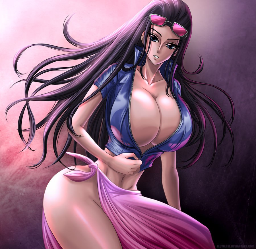 1girl bare_shoulders black_gloves black_hair blue_eyes breasts cleavage cloud curvy day dress female flowerxl full_body gloves grass hand_on_hip happy heels high_heels huge_breasts legs long_hair looking_at_viewer navel nico_robin nude ocean one_piece outdoors sea sitting sky sleeveless sleeveless_dress smile solo stomach sunglasses sunglasses_on_head teeth thick_thighs thighs