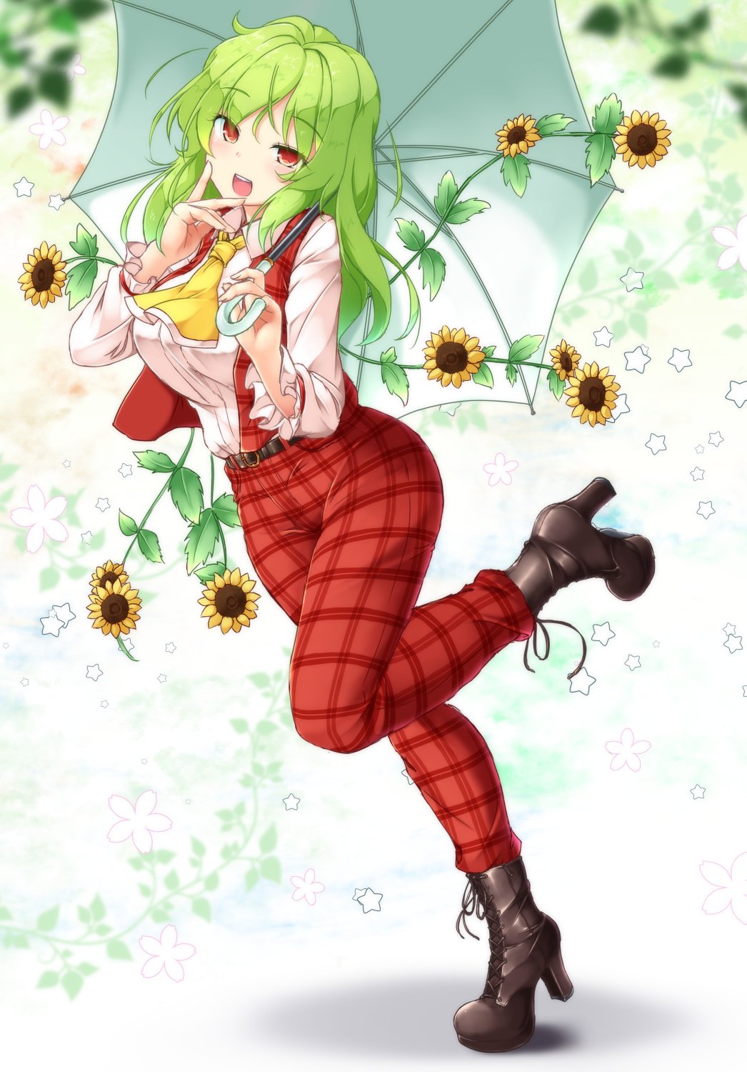 :d aka_tawashi ascot bangs belt blush boots breasts brown_footwear commentary_request eyebrows_visible_through_hair flower full_body green_hair green_umbrella hands_up head_tilt high_heel_boots high_heels highres holding holding_umbrella kazami_yuuka kazami_yuuka_(pc-98) large_breasts leaf leg_up long_hair long_sleeves looking_at_viewer open_mouth pants plaid plaid_pants plaid_vest red_eyes red_pants red_vest shadow shirt smile solo standing standing_on_one_leg star sunflower thighs touhou touhou_(pc-98) umbrella vest white_shirt wing_collar yellow_neckwear