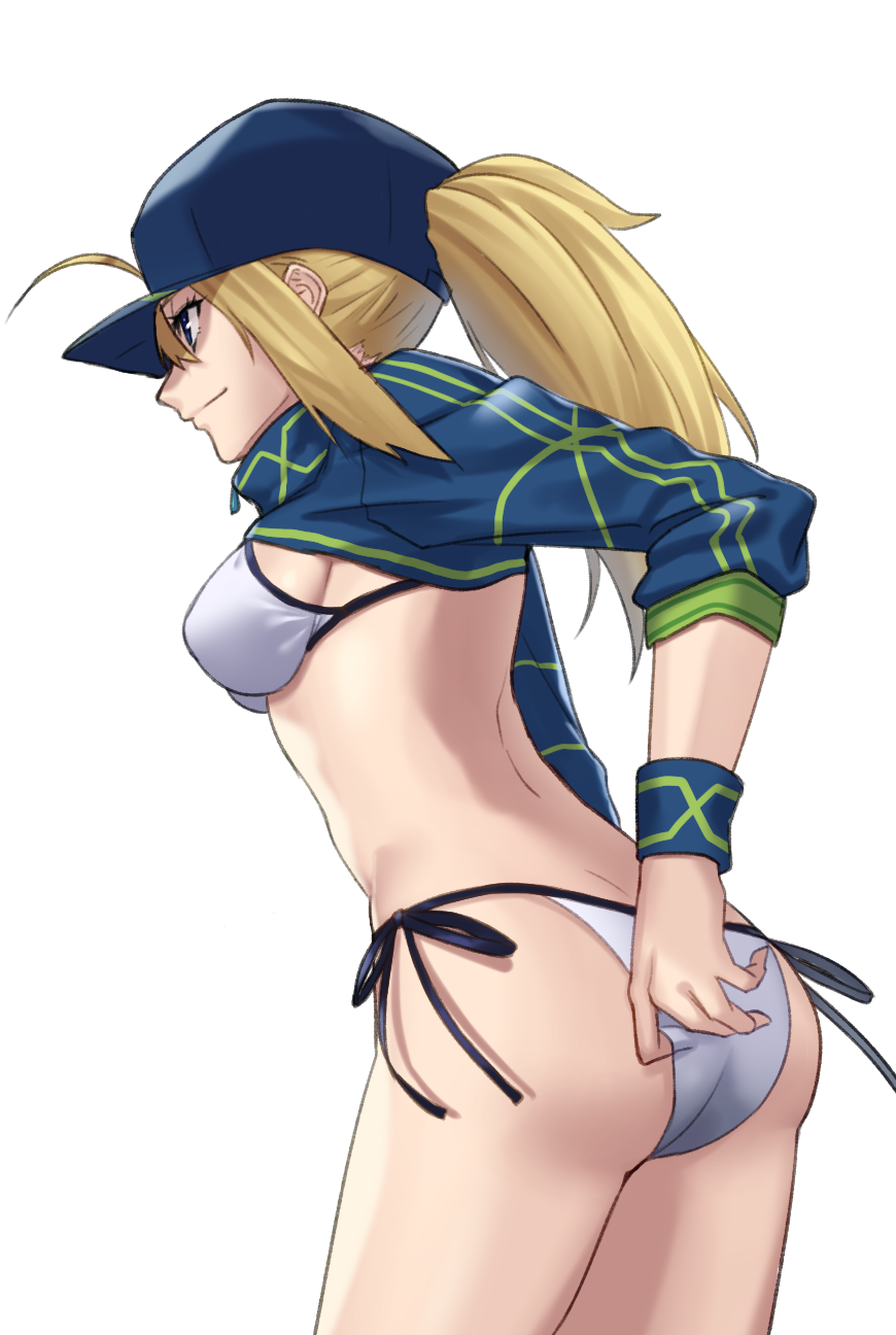 ahoge artoria_pendragon_(all) ass back bare_back baseball_cap bikini blonde_hair blue_eyes blue_hat blue_ribbon breasts closed_mouth commentary_request cowboy_shot fate/grand_order fate_(series) from_behind hair_between_eyes hat highres leaning_forward lip-mil long_hair medium_breasts mysterious_heroine_xx_(foreigner) ponytail profile ribbon shrug_(clothing) side-tie_bikini sideboob sidelocks smile solo sweatband swimsuit white_bikini