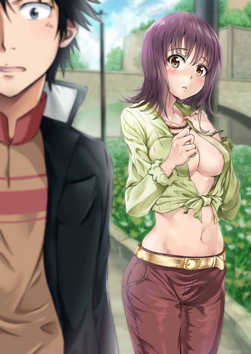 1girl :o bangs belt black_eyes black_hair black_jacket blue_sky blurry blurry_background blurry_foreground blush bracelet bridge brown_eyes brown_hair brown_pants clenched_hand cloud cloudy_sky collarbone commentary day earrings eyebrows_visible_through_hair front-tie_top gakuran green_shirt hand_on_own_chest hedge_(plant) highres itsuwa jacket jewelry kamijou_touma lamppost long_sleeves looking_at_another medium_hair midriff navel no_bra orange_shirt out_of_frame outdoors pants parted_lips sayuuiede school_uniform shirt sky standing striped striped_shirt tied_shirt to_aru_majutsu_no_index vertical-striped_shirt vertical_stripes yellow_belt