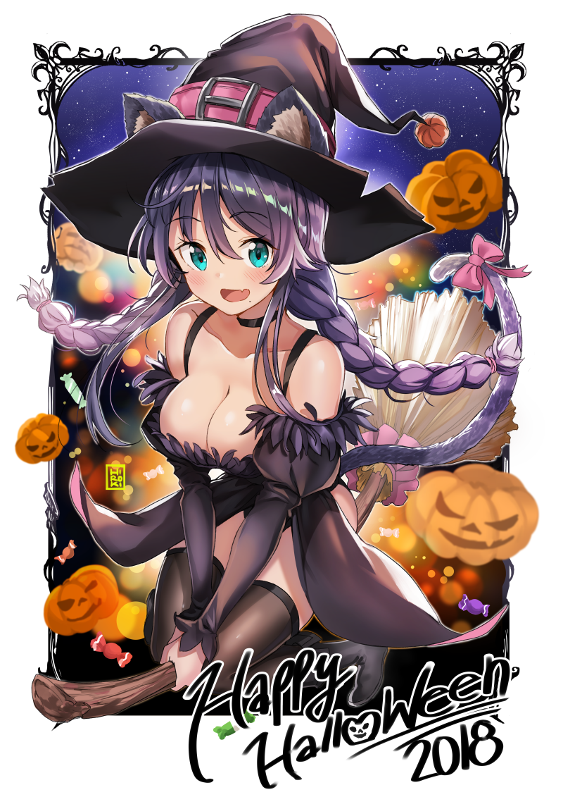 animal_ears bangs black_dress blue_eyes blush braid breasts broom broom_riding cat_ears cat_tail choker cleavage collarbone dress ears_through_headwear eyebrows_visible_through_hair fang feather_trim hair_between_eyes halloween hat hiroki_(hirokiart) jack-o'-lantern long_hair looking_at_viewer medium_breasts open_mouth original purple_hair sky solo star_(sky) starry_sky tail twin_braids witch witch_hat