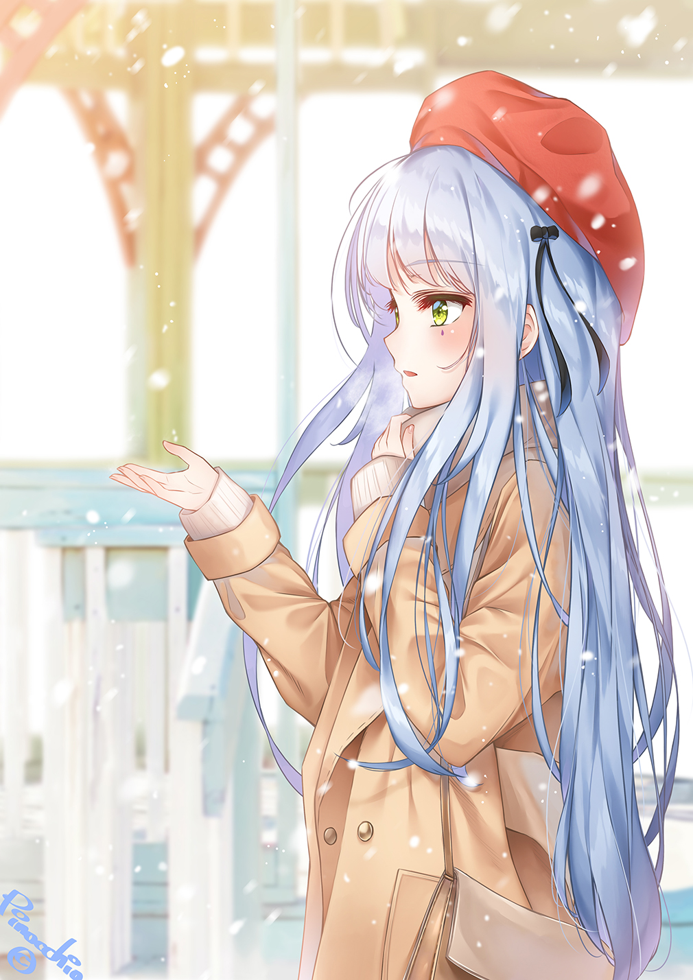 artist_name bag bangs beret black_ribbon blunt_bangs blurry blurry_background blush breath brown_coat casual coat commentary contemporary day depth_of_field eyebrows_visible_through_hair facial_mark fingernails from_side girls_frontline green_eyes grey_scarf hair_ribbon handbag hat highres hk416_(girls_frontline) long_hair long_sleeves open_mouth outdoors outstretched_hand pinocchio_(dlekrkdwlt) profile red_hat ribbon scarf snowing solo winter winter_clothes winter_coat