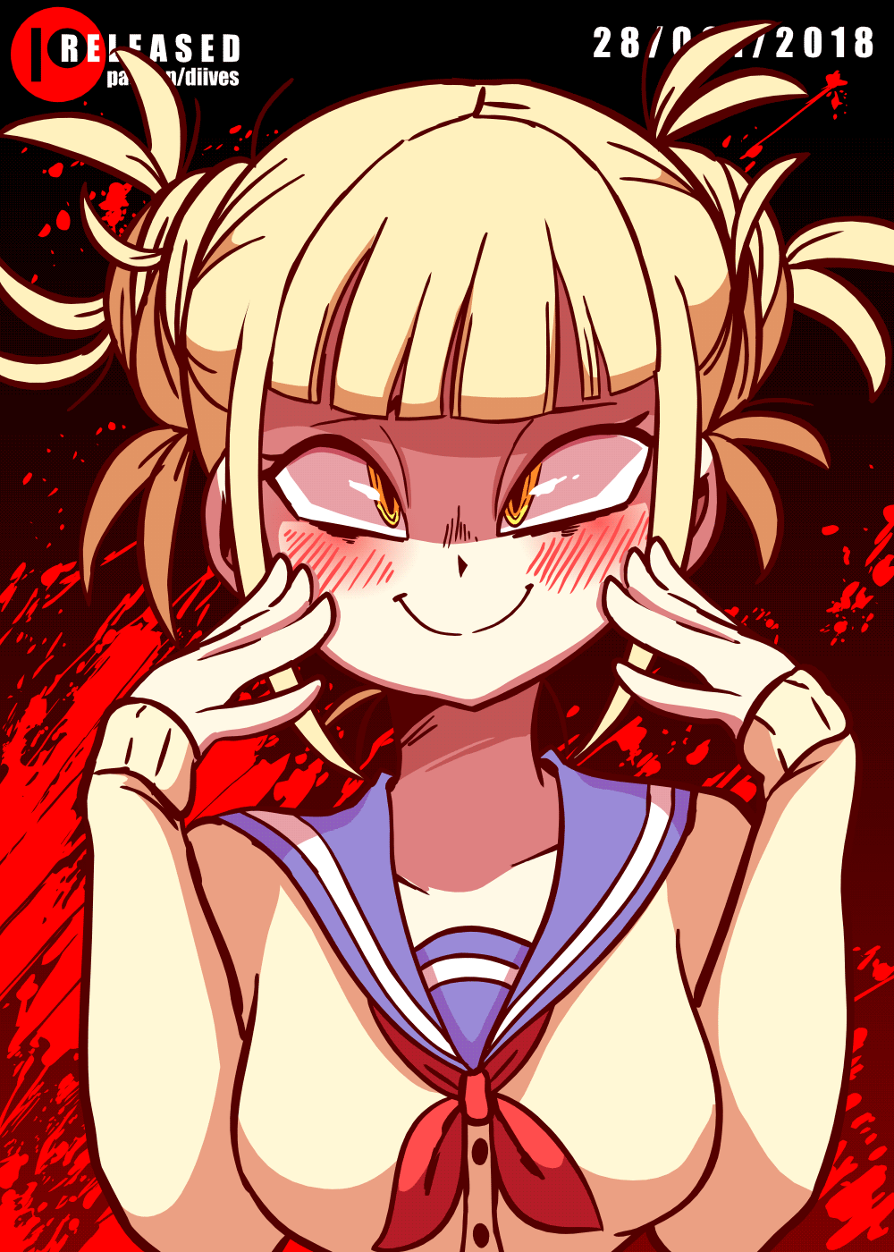 animated black_background blonde_hair blood blood_splatter blush boku_no_hero_academia breasts diives double_bun english evil_smile fangs flashing highres looking_at_viewer messy_hair nipples no_bra open_mouth puffy_nipples sailor_collar school_uniform sharp_teeth smile solo teeth toga_himiko undressing upper_body yandere yellow_eyes