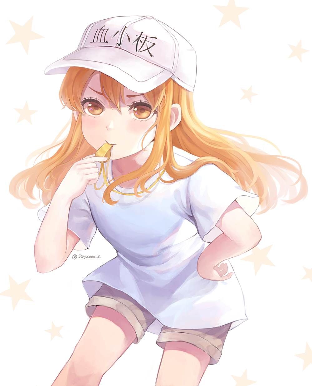 blonde_hair brown_eyes brown_shorts character_name floating_hair hair_between_eyes hand_on_hip hat hataraku_saibou highres leaning_forward long_hair platelet_(hataraku_saibou) shirt short_shorts short_sleeves shorts simple_background solo soyubee standing star whistle white_background white_hat white_shirt