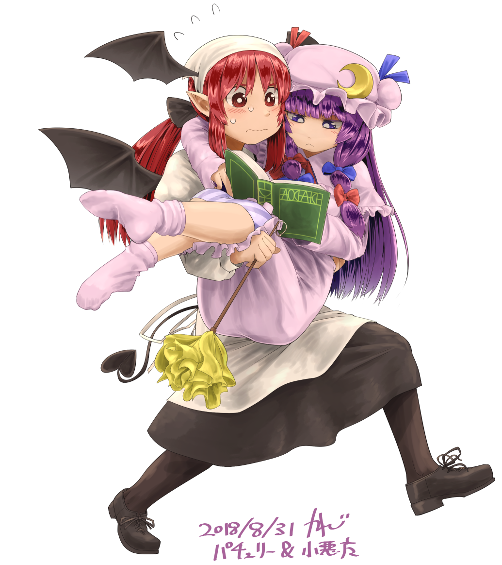 :&lt; alternate_hairstyle apron bangs bat_wings black_footwear black_legwear black_wings blue_bow blunt_bangs blush book bow bright_pupils capelet carrying closed_mouth commentary_request dated demon_tail dress duster flying_sweatdrops full_body hair_bow hat head_scarf head_wings holding holding_book kanji_(white7night) koakuma long_hair long_sleeves looking_down mob_cap multiple_girls pantyhose patchouli_knowledge pointy_ears princess_carry purple_dress purple_eyes purple_hair purple_hat purple_legwear reading red_bow red_eyes red_hair shiny shiny_hair shoelaces shoes sidelocks simple_background socks striped striped_dress sweat tail touhou translation_request vertical_stripes walking wavy_mouth white_background white_pupils wings