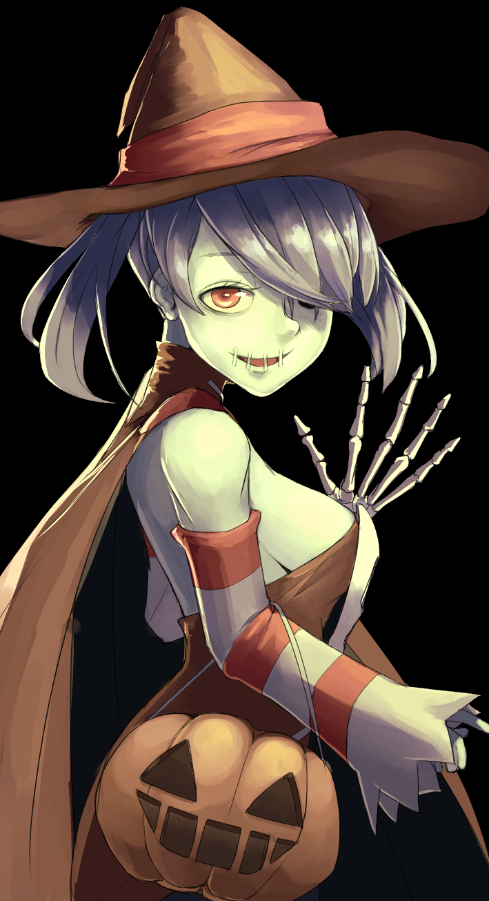 1girl bare_shoulders blue_skin breasts detached_collar detached_sleeves dress female hair_over_one_eye halloween hat leviathan_(skullgirls) medium_breasts monster_girl red_eyes side_ponytail sideboob skullgirls solo squigly_(skullgirls) stitched_mouth stitches striped striped_sleeves witch_hat zombie