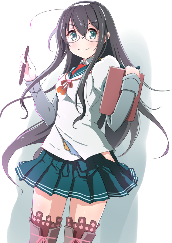 black_hair blue_eyes clipboard collared_shirt commentary_request eyebrows_visible_through_hair glasses hair_between_eyes hairband kantai_collection long_hair necktie ooyodo_(kantai_collection) panikuru_yuuto pen semi-rimless_eyewear shirt skirt smile solo thighhighs under-rim_eyewear white_background