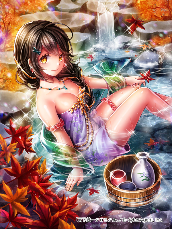 autumn_leaves black_hair braid breasts choko_(cup) cleavage collarbone cup day hair_ornament hair_over_shoulder hairclip hobak jewelry leaf lens_flare long_hair looking_at_viewer maple_leaf medium_breasts naked_towel necklace onsen outdoors purple_towel shawl single_braid sitting solo sparkle tenka_touitsu_chronicle tokkuri towel water waterfall yellow_eyes