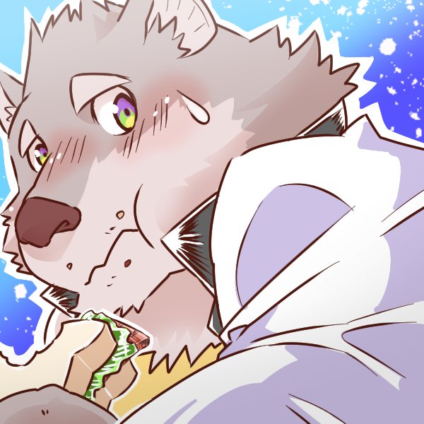 bear blush eating food fruit invalid_tag jambavan lettuce male mammal nikunabe1989 sandwich_(disambiguation) slightly_chubby sweat sweatdrop tokyo_afterschool_summoners tomato