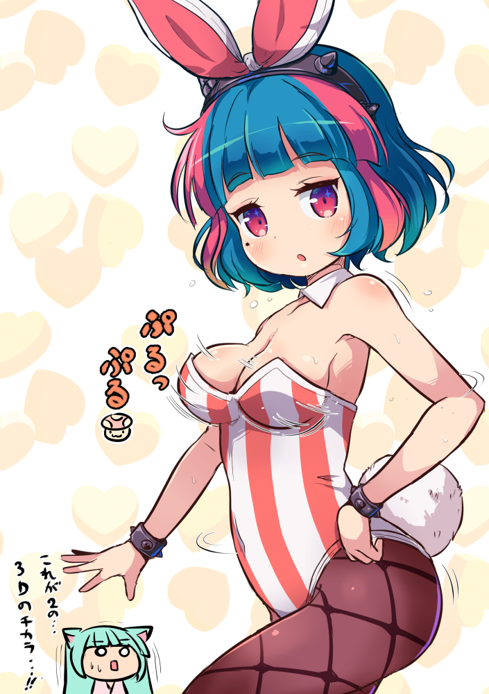 :o animal_ears bangs bare_shoulders blue_hair blush bouncing_breasts bracelet breasts brown_legwear bunny_ears bunny_girl bunny_tail bunnysuit cat_ears cleavage commentary_request eyebrows_visible_through_hair green_hair heart jewelry leotard long_hair looking_at_viewer looking_to_the_side maplestory maplestory_2 medium_breasts multicolored_hair multiple_girls nekono_rin o_o open_mouth pantyhose parted_lips red_eyes short_hair solo_focus spiked_bracelet spikes strapless strapless_leotard streaked_hair striped sweat tail translation_request trembling vanilla_(maplestory2) vertical-striped_leotard vertical_stripes