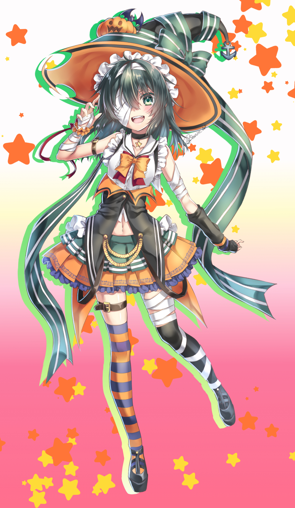alternate_costume blush bow bowtie commentary_request dress food full_body gradient gradient_background green_eyes green_hair halloween halloween_costume happy_halloween hat highres kantai_collection kiso_(kantai_collection) looking_at_viewer navel open_mouth orange_neckwear pumpkin shoes short_hair smile solo star striped striped_legwear thighhighs witch witch_hat yuihira_asu