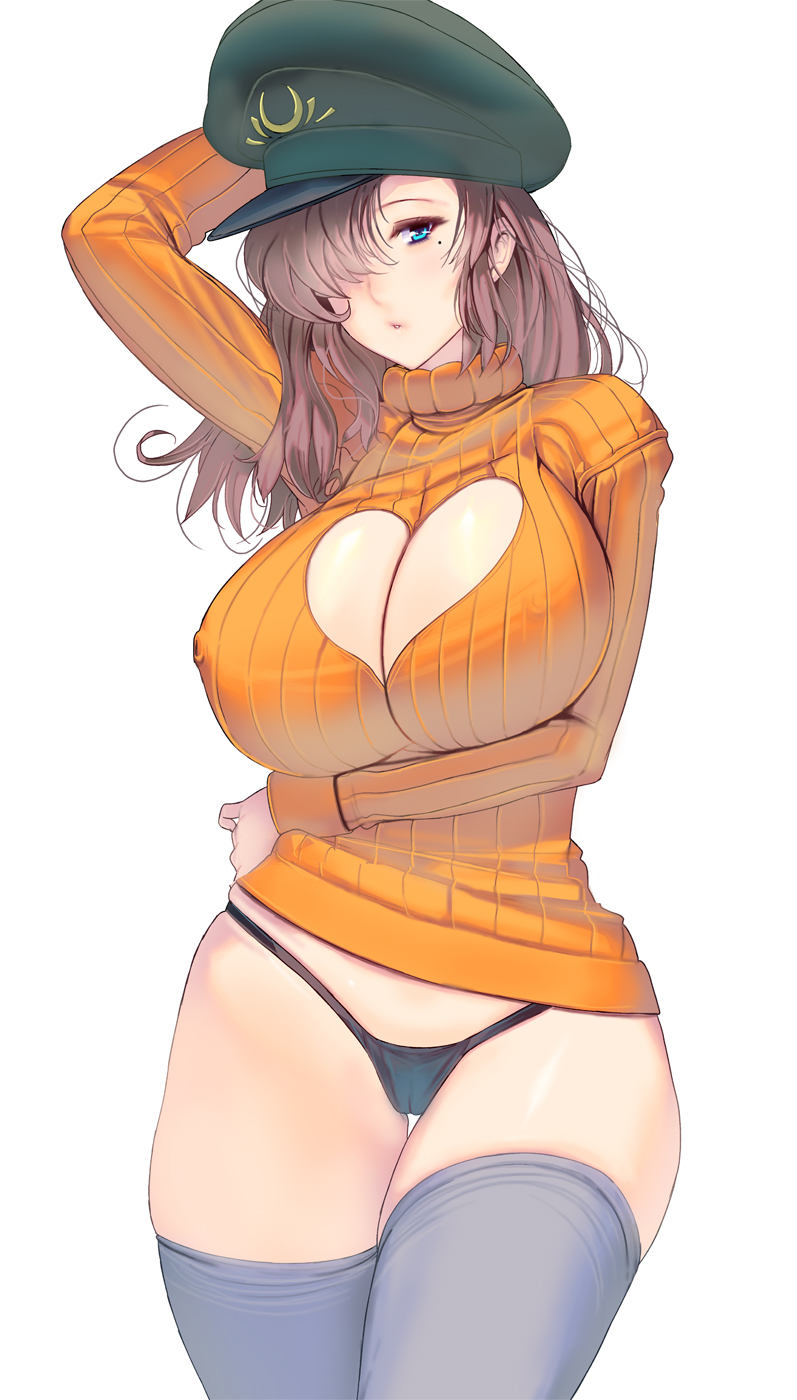 arm_up black_panties blue_eyes breasts brown_hair cameltoe cleavage cleavage_cutout commentary_request covered_nipples cowboy_shot curvy green_hat grey_legwear hair_over_one_eye hat head_tilt highres large_breasts lipstick long_hair long_sleeves looking_at_viewer makeup masao mature mole mole_under_eye orange_sweater original panties parted_lips peaked_cap pink_lips simple_background skindentation solo sweater thigh_gap thighhighs turtleneck turtleneck_sweater underwear
