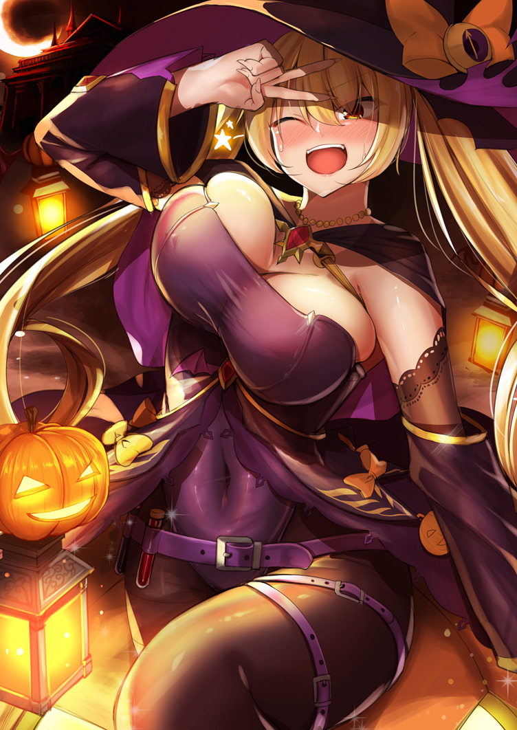 ;d azur_lane belt blonde_hair blush bouncing_breasts breasts brown_eyes cleavage commentary_request covered_nipples detached_sleeves halloween hat jack-o'-lantern jewelry kirome_(kamipaper) large_breasts long_hair necklace nelson_(azur_lane) one_eye_closed open_mouth pantyhose smile solo sweatdrop thick_thighs thighs twintails unaligned_breasts v vial wide_hips witch_hat